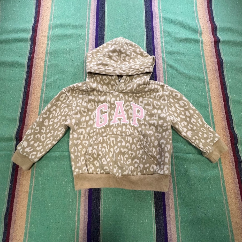 Baby Gap Hoodie 2T Tan Leopard Print Pink Logo Pullover Sweatshirt